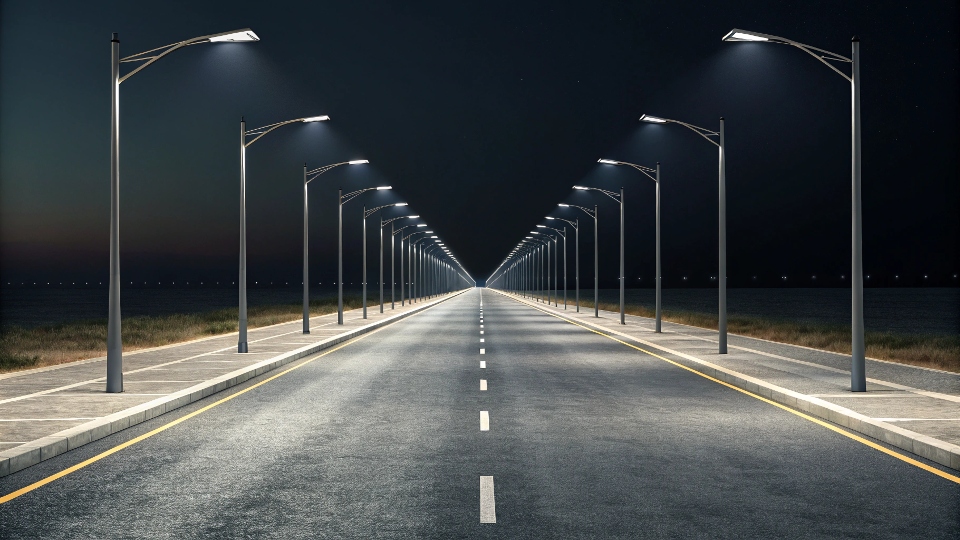 A long road with evenly spaced street lights stretching into the distance