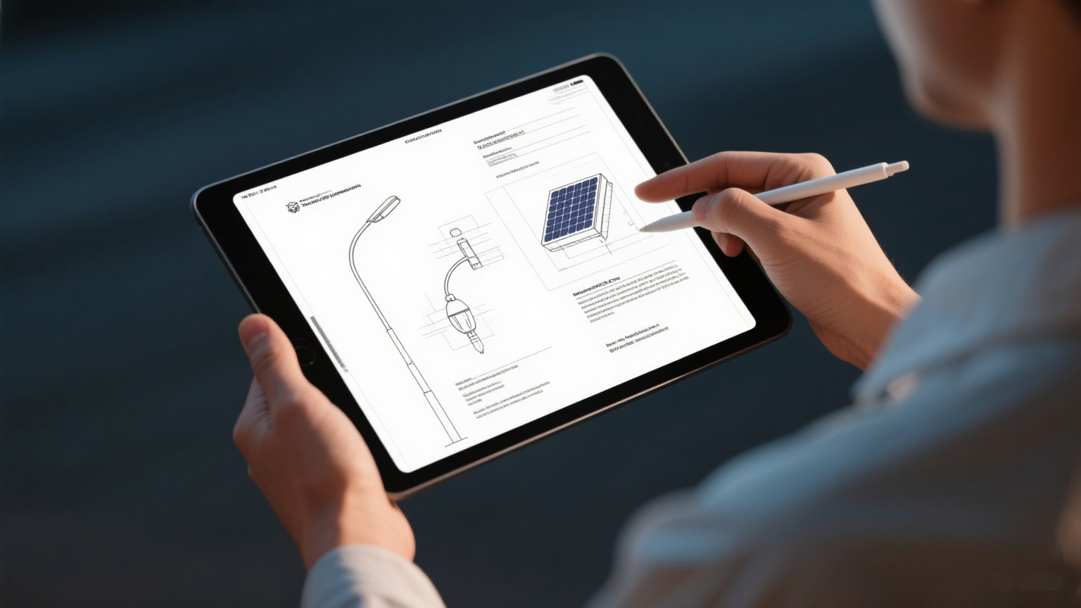A person reviewing a technical lighting design document on a tablet