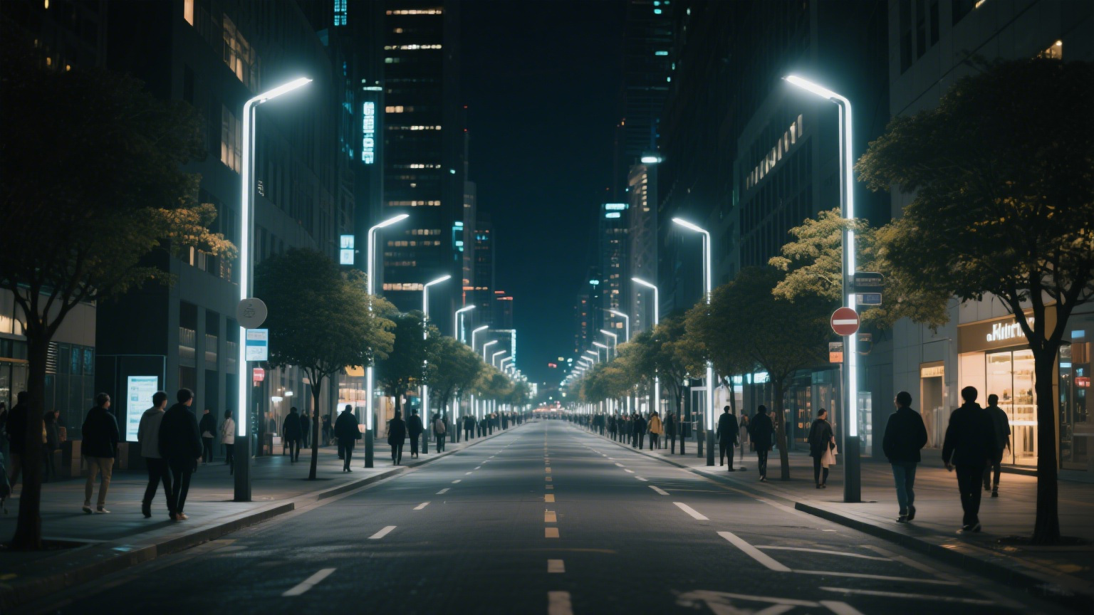 A well-lit city street at night showing modern LED street lamps