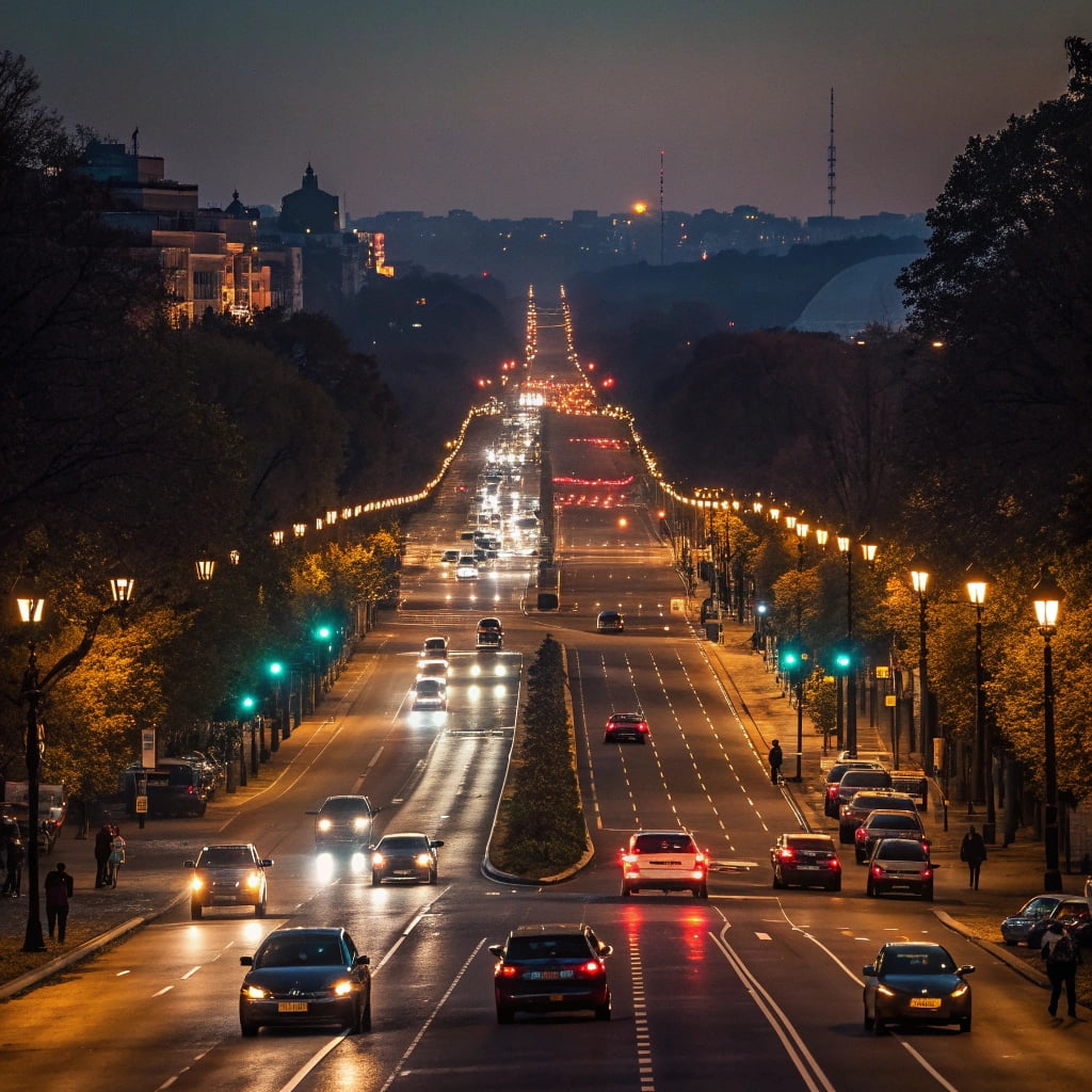 A solar-powered light on a pathway in a lush, green city park