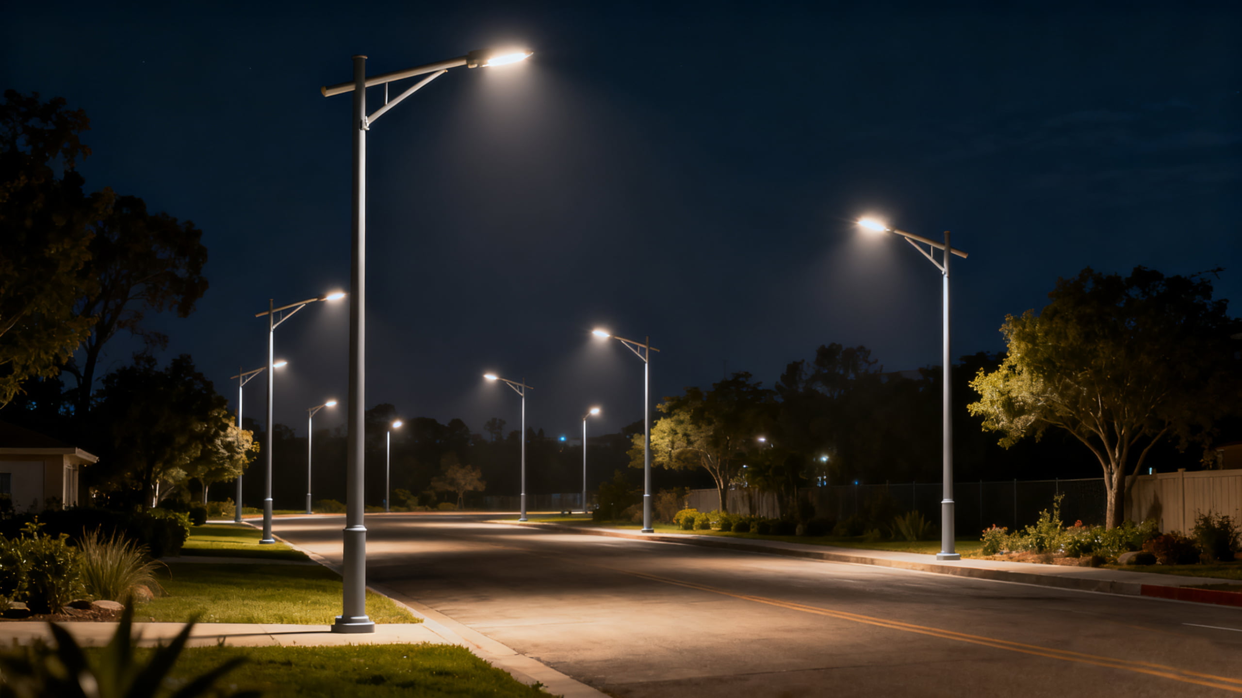 A well-lit path in a park at night with people walking safely