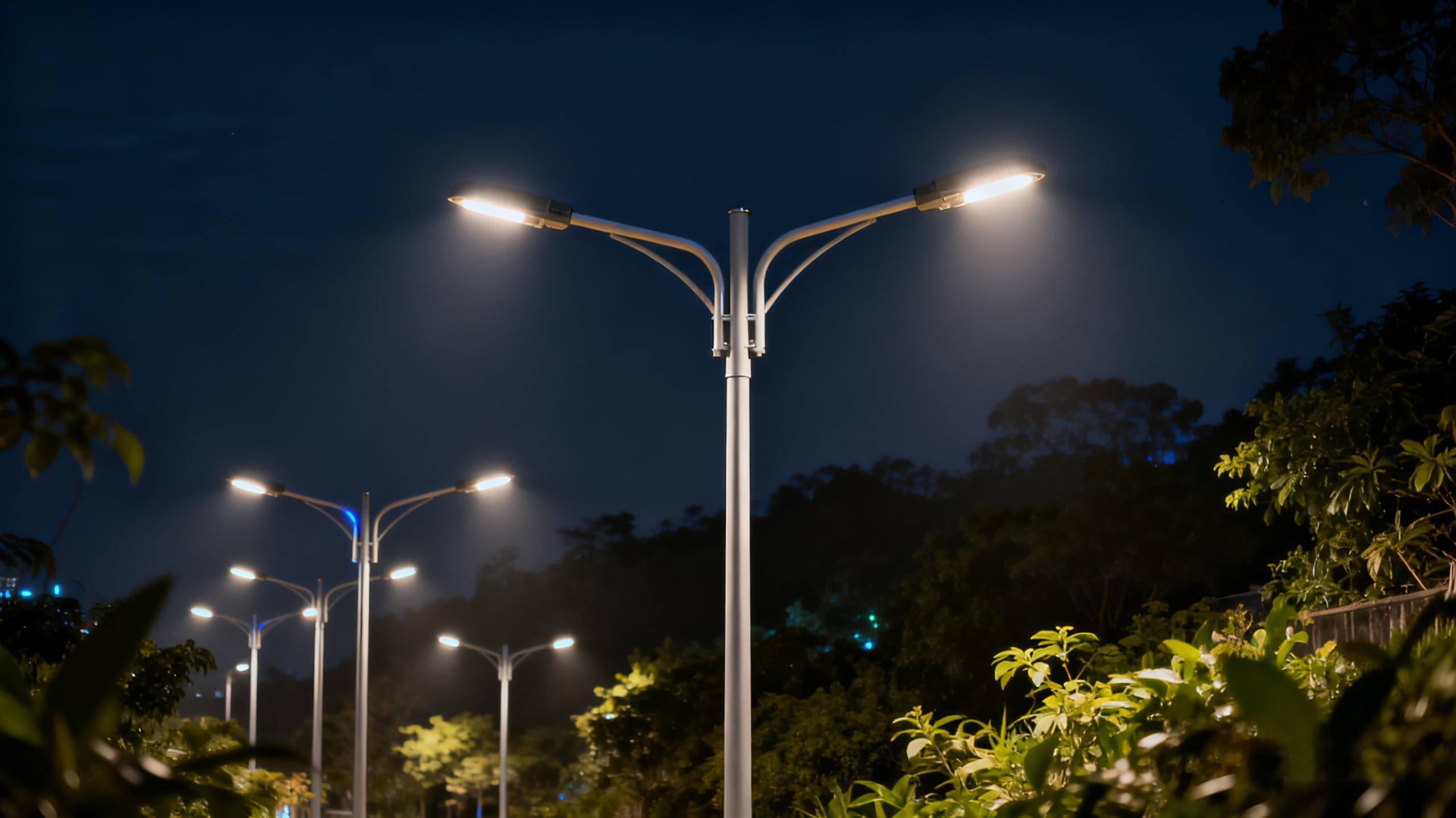 A street light connected to both a solar panel and overhead power lines