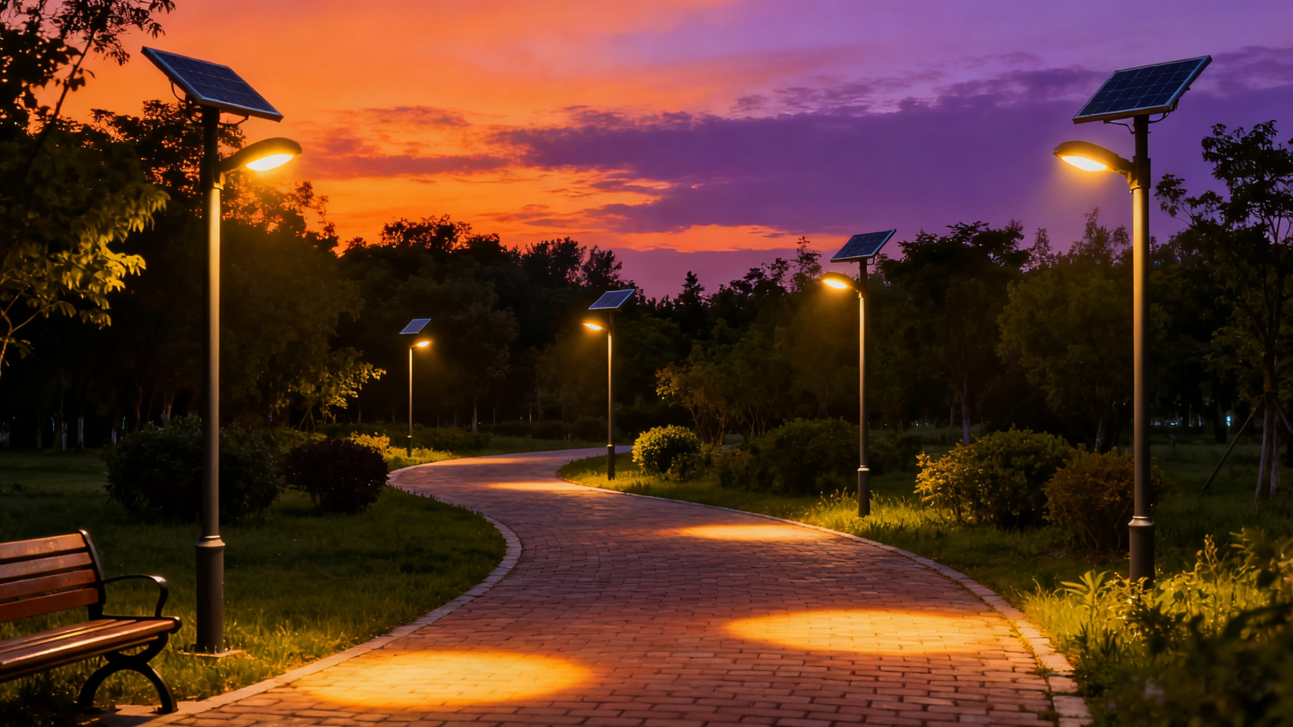 A cool, modern LED solar streetlight illuminating a city park at night