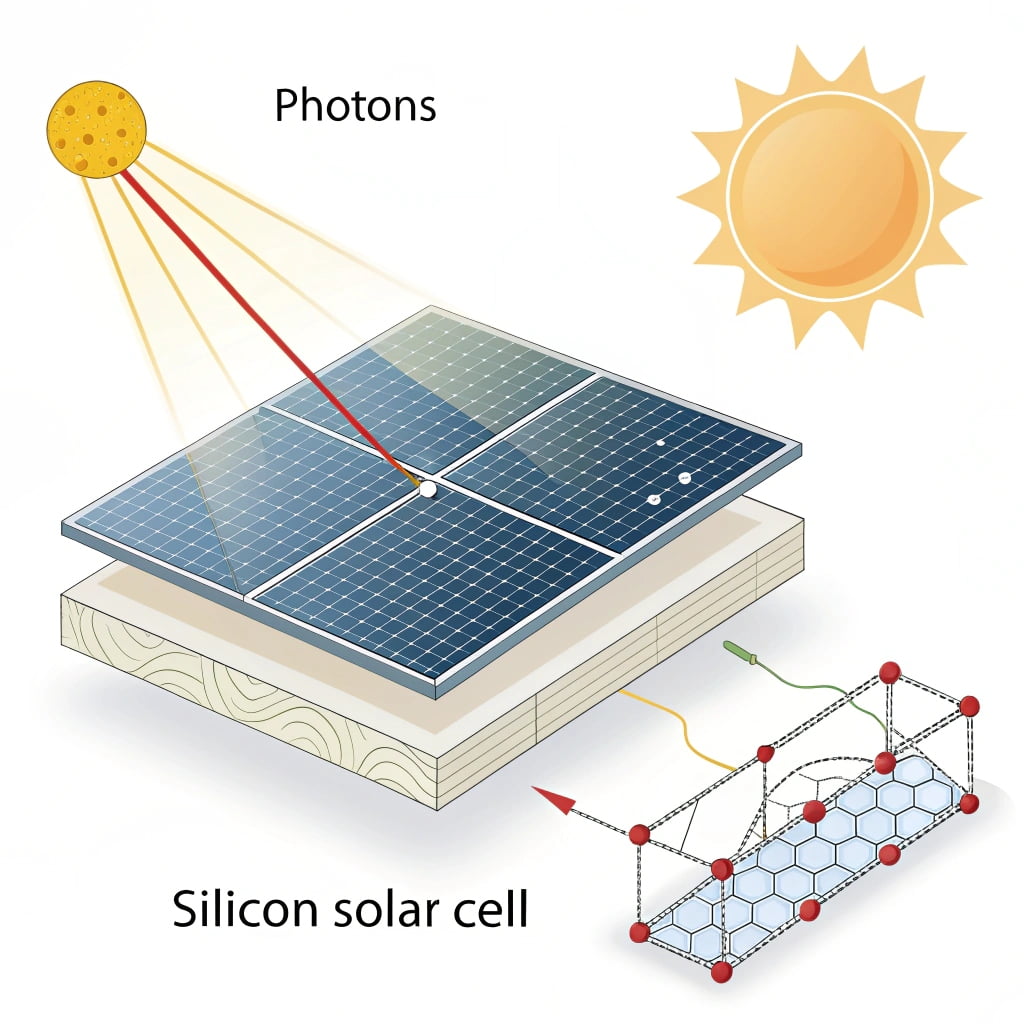 A scientific diagram showing photons hitting a silicon solar cell