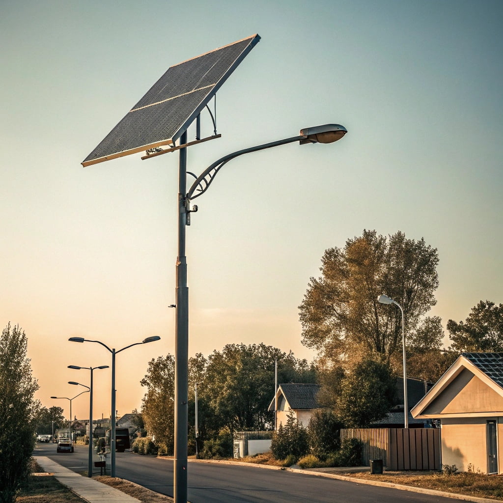 A powerful split-type solar street light with a large, separate solar panel above it
