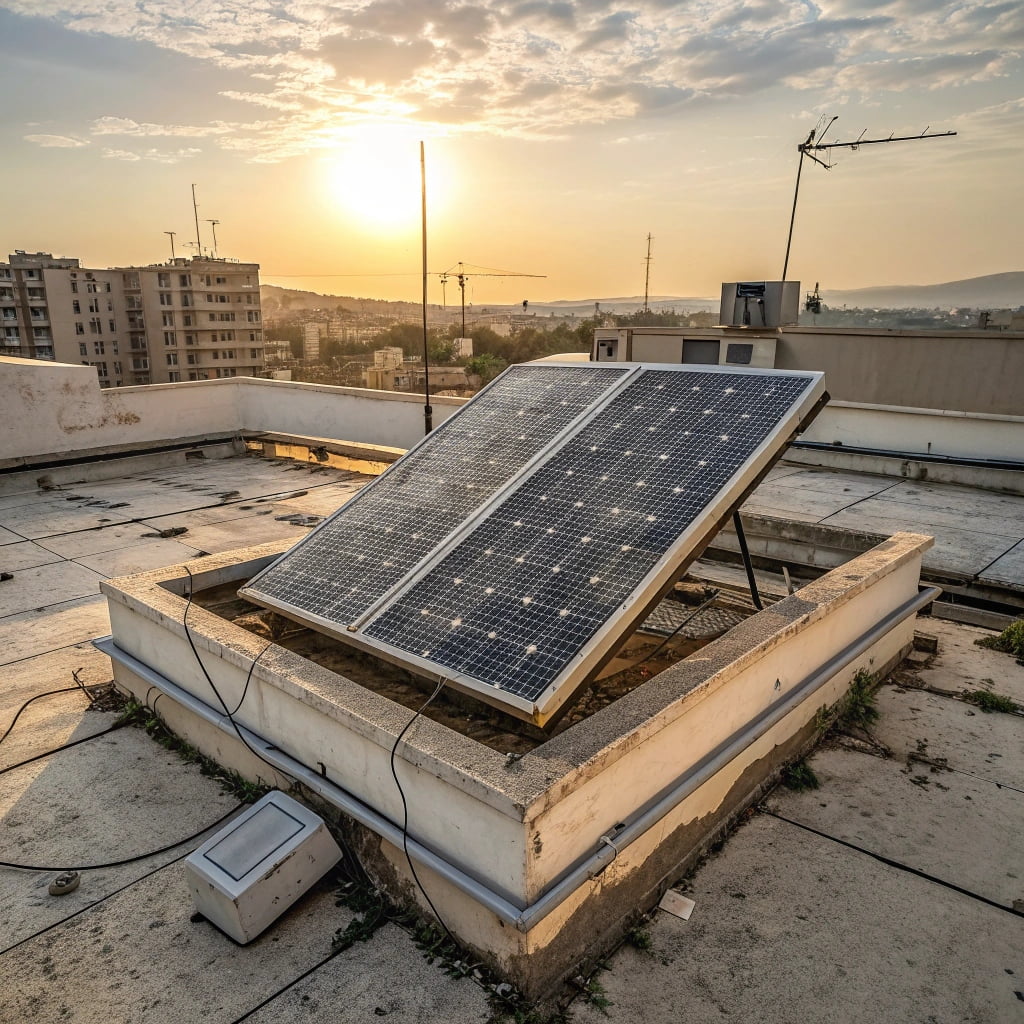 An older, weathered solar panel still functioning on a rooftop in the sun