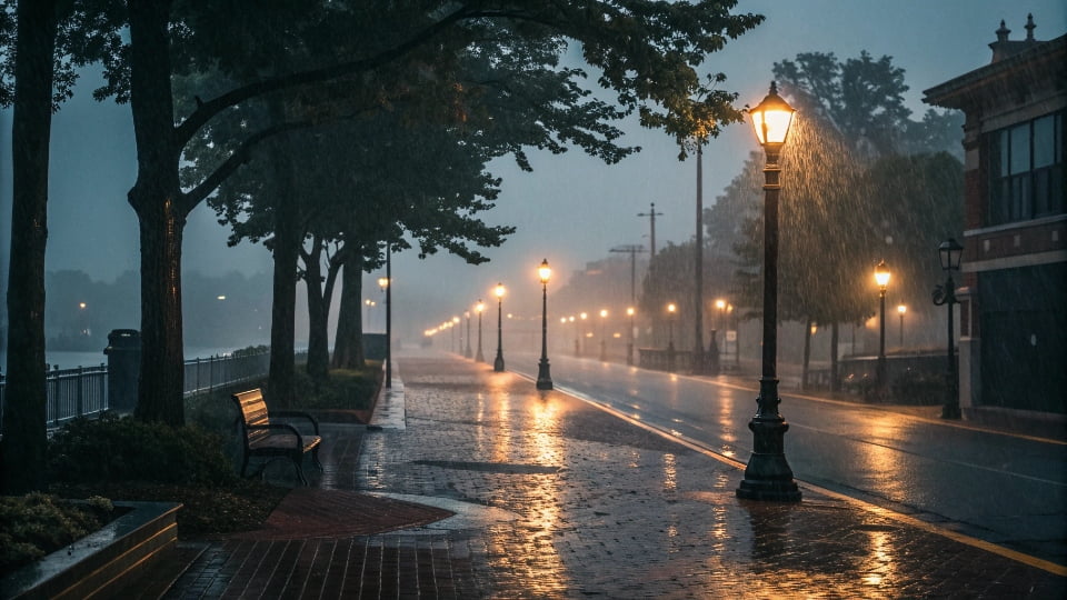 A dim, flickering solar garden light at dusk