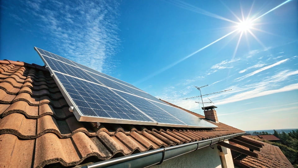 A power plant with steam rising from cooling towers next to a solar panel field