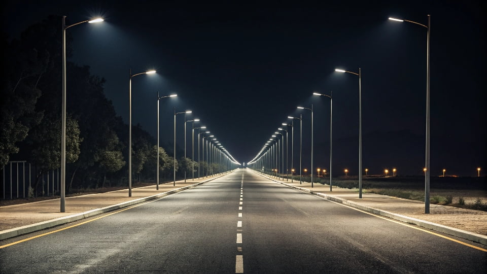 A close-up of the sleek, finned design of an LED luminaire, designed for heat dissipation