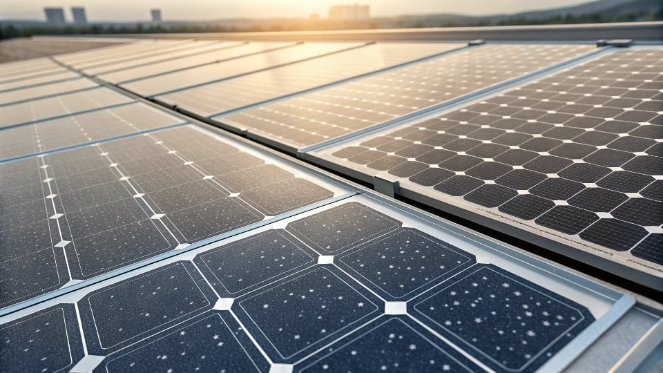 A close-up of different types of solar panel cells