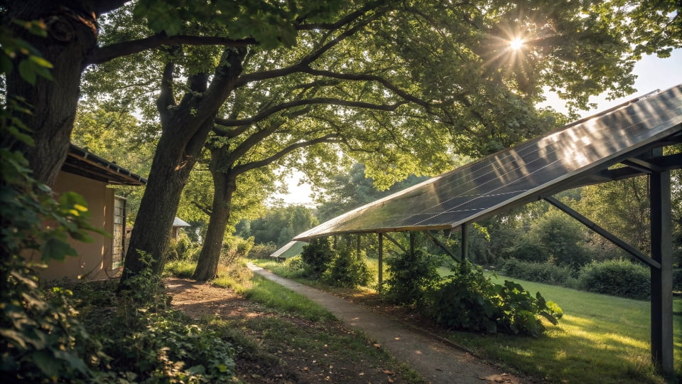 Solar panels installed in a shaded area under trees
