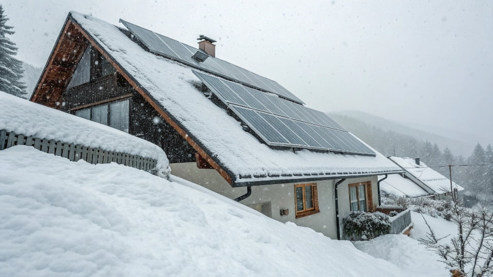 Solar panels on a roof covered in a thick layer of snow