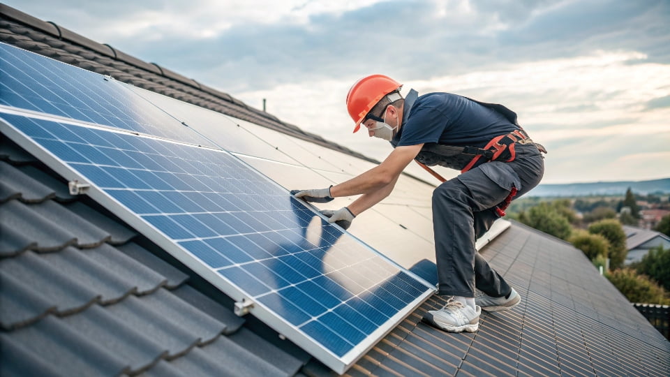 A person adjusting the angle of a solar panel