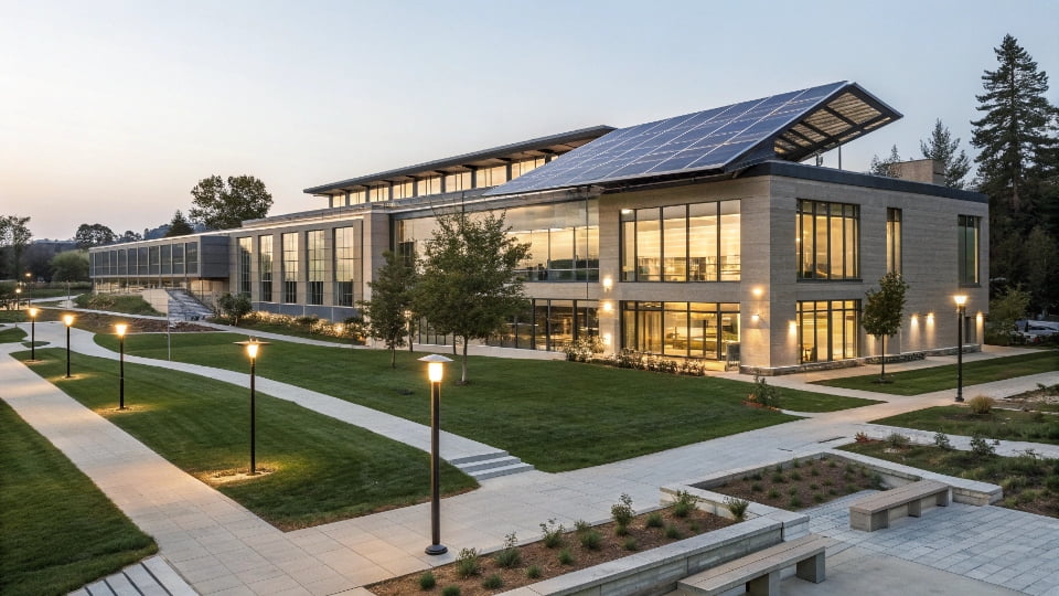 A modern university building with solar panels on the roof and solar lights on the grounds